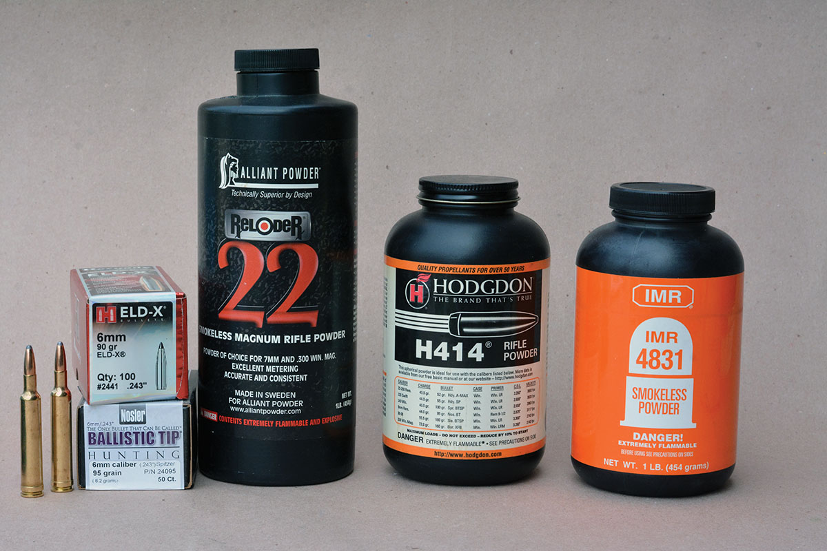 The 240 Weatherby thrives on slower-burning powders such as Alliant Reloder 22, Hodgdon H-414 (exactly the same powder as Winchester W-760 and Accurate 2700 powders) and IMR-4831.